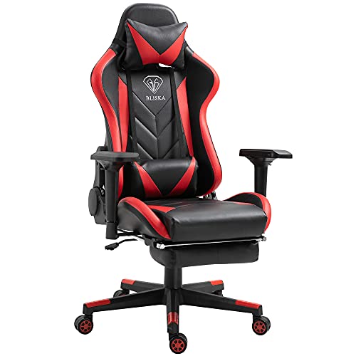 TRISENS Gaming Stuhl mit Fußstütze und ergonomsichen 4D-Armlehnen Gaming Chair in ergonomischer Sportsitz Optik Gamer Stuhl mit verstellbaren Rückenstützkissen Bürostuhl, Farbe:Schwarz/Rot von TRISENS