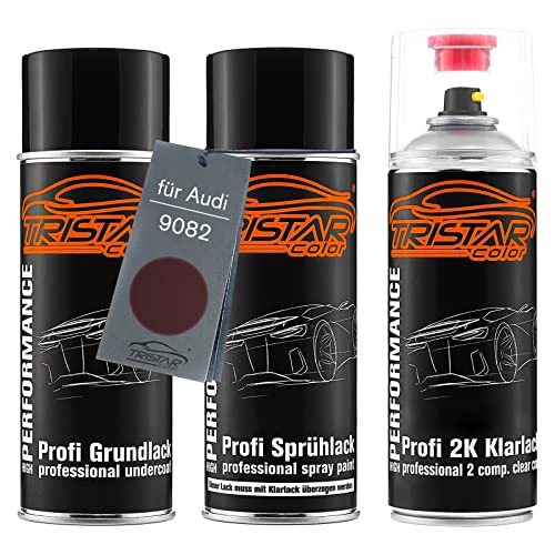 Autolack 2K Spraydosen Set für Audi 9082 Bordeauxrot Perl Grundlack Basislack 2 Komponenten Klarlack Sprühdose von TRISTARcolor