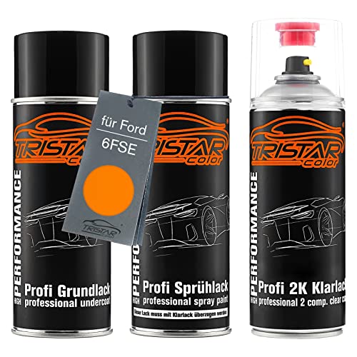 Autolack 2K Spraydosen Set für Ford 6FSE Electric Orange Perl/Orange Electric Perl Grundlack Basislack 2 Komponenten Klarlack Sprühdose von TRISTARcolor