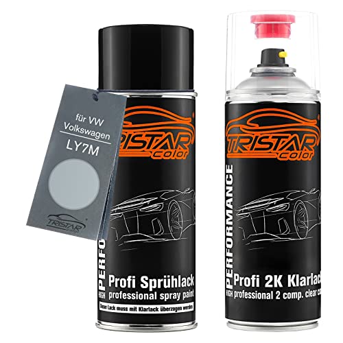 TRISTARcolor Autolack 2K Spraydosen Set für VW/Volkswagen LY7M Alusilver Metallic/Alusilber Metallic Basislack 2 Komponenten Klarlack Sprühdose von TRISTARcolor