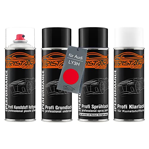 TRISTARcolor Autolack Spraydosen Set für Kunststoff Stoßstange für Audi LY3H Laserrot/Laser Red Haftgrund Grundlack Basislack Klarlack mit Weichmacher Sprühdose von TRISTARcolor