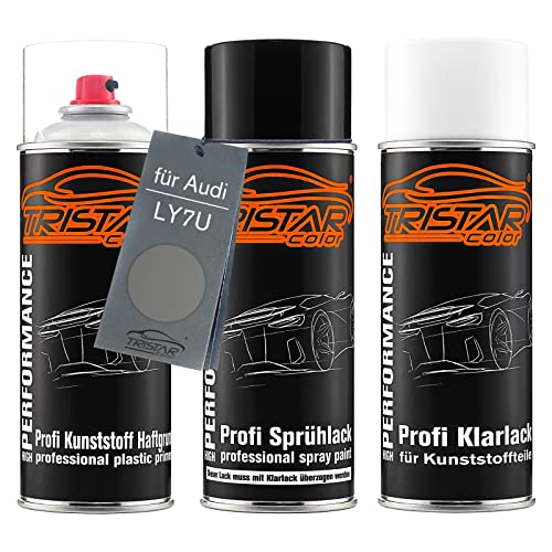 Autolack Spraydosen Set für Kunststoff Stoßstange für Audi LY7U Steingrau Metallic/Stone Grey Metallic Haftgrund Basislack Klarlack mit Weichmacher Sprühdose von TRISTARcolor