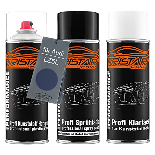 TRISTARcolor Autolack Spraydosen Set für Kunststoff Stoßstange für Audi LZ5L Ming Blau Perl Haftgrund Basislack Klarlack mit Weichmacher Sprühdose von TRISTARcolor