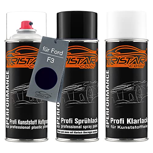 Autolack Spraydosen Set für Kunststoff Stoßstange für Ford F3 Panther Black Perl Haftgrund Basislack Klarlack mit Weichmacher Sprühdose von TRISTARcolor