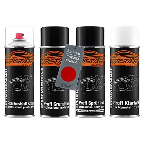 TRISTARcolor Autolack Spraydosen Set für Kunststoff Stoßstange für Ford LTSEWTA / PN4JG0 Fantastic Red TC Haftgrund Grundlack Basislack Klarlack mit Weichmacher Sprühdose von TRISTARcolor