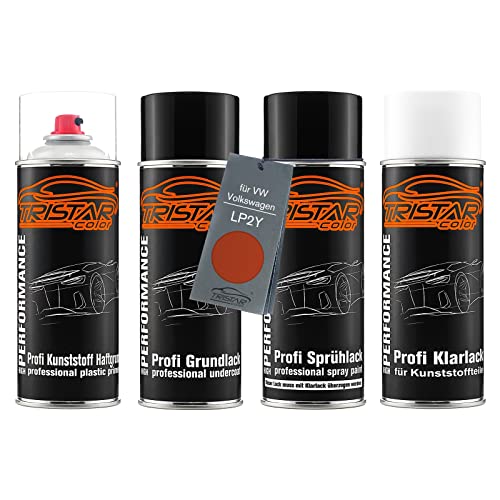 TRISTARcolor Autolack Spraydosen Set für Kunststoff Stoßstange für VW/Volkswagen LP2Y Energetic Orange Metallic Haftgrund Grundlack Basislack Klarlack mit Weichmacher Sprühdose von TRISTARcolor