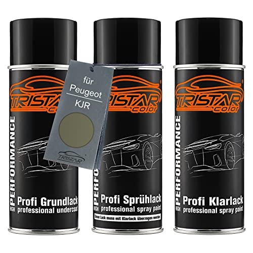 TRISTARcolor Autolack Spraydosen Set für Peugeot KJR Vert Olivine Nacre Metallic Perl X. Grundlack Basislack Klarlack Sprühdose 400ml von TRISTARcolor