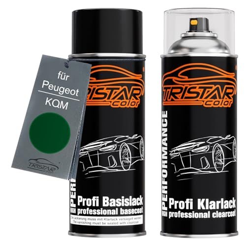 TRISTARcolor Autolack Spraydosen Set für Peugeot KQM Vert Intensive Nacre/Cypress Green Metallic Basislack Klarlack Sprühdose 400ml von TRISTARcolor