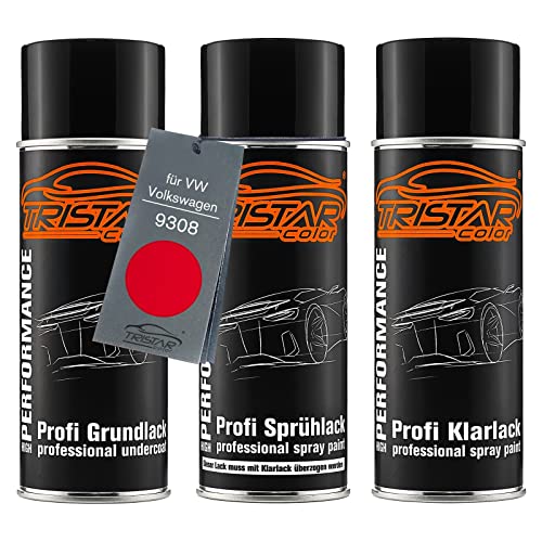 Autolack Spraydosen Set für VW/Volkswagen 9308 Flashrot/Flash Red Grundlack Basislack Klarlack Sprühdose 400ml von TRISTARcolor