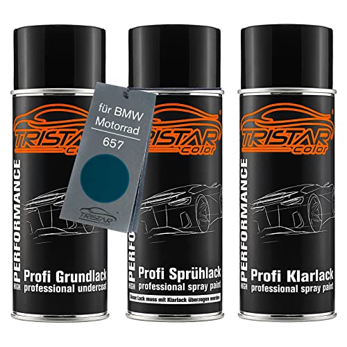 Motorradlack Spraydosen Set für BMW Motorrad 657 Blau Metallic Grundlack Basislack Klarlack Sprühdose 400ml von TRISTARcolor