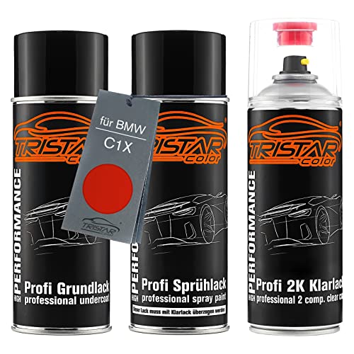 TRISTARcolor Autolack 2K Spraydosen Set für BMW C1X Sunset Orange Perl Metallic Grundlack Basislack 2 Komponenten Klarlack Sprühdose von TRISTARcolor