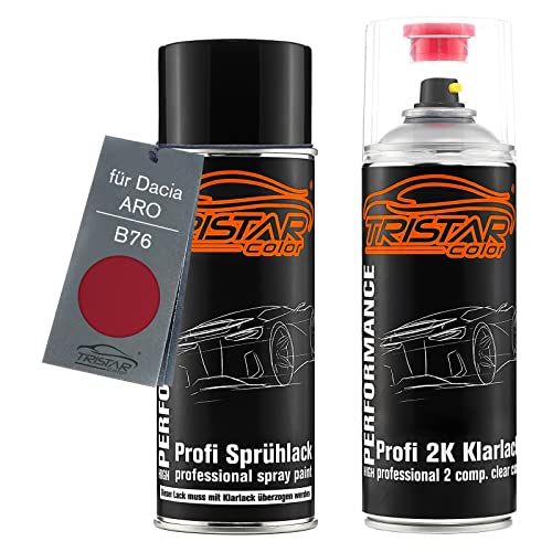 TRISTARcolor Autolack 2K Spraydosen Set für Dacia/ARO B76 Rouge De Feu Metallic/Flammenrot Metallic Basislack 2 Komponenten Klarlack Sprühdose von TRISTARcolor