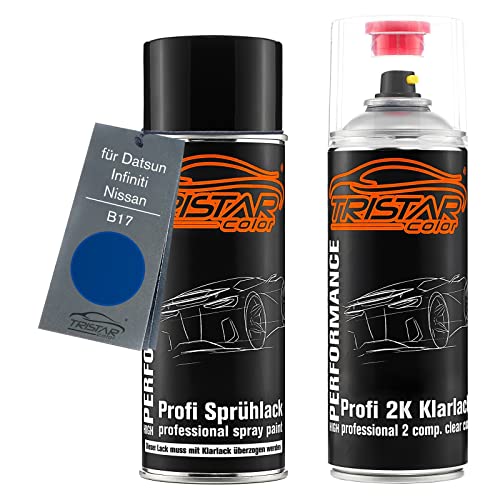 TRISTARcolor Autolack 2K Spraydosen Set für Datsun/Infiniti/Nissan B17 Electric Blue Metallic Basislack 2 Komponenten Klarlack Sprühdose von TRISTARcolor
