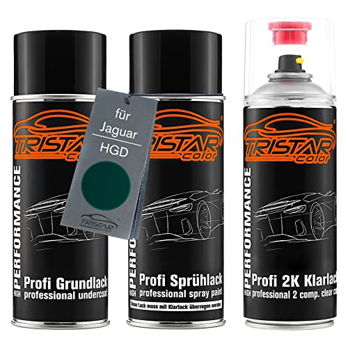 TRISTARcolor Autolack 2K Spraydosen Set für Jaguar HGD British Racing Green Grundlack Basislack 2 Komponenten Klarlack Sprühdose von TRISTARcolor