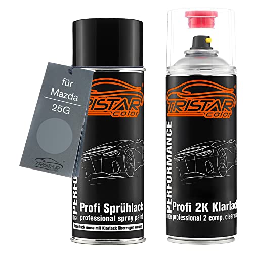 TRISTARcolor Autolack 2K Spraydosen Set für Mazda 25G Titanium Gray Metallic Basislack 2 Komponenten Klarlack Sprühdose von TRISTARcolor