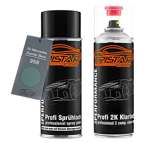 TRISTARcolor Autolack 2K Spraydosen Set für Mercedes/Daimler Benz 958 Quellblau Metallic Basislack 2 Komponenten Klarlack Sprühdose von TRISTARcolor