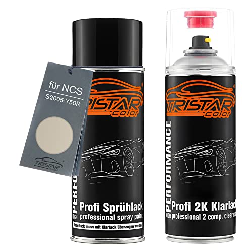TRISTARcolor Autolack 2K Spraydosen Set für NCS S2005-Y50R Beige Basislack 2 Komponenten Klarlack Sprühdose von TRISTARcolor