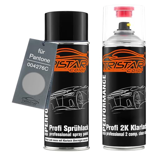 TRISTARcolor Autolack 2K Spraydosen Set für Pantone 004276C 4276C Grey Basislack 2 Komponenten Klarlack Sprühdose von TRISTARcolor