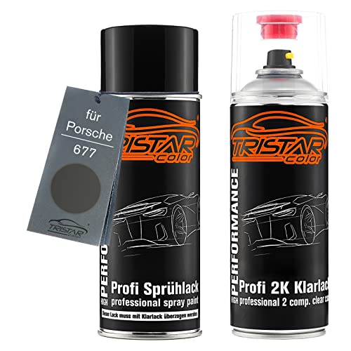 TRISTARcolor Autolack 2K Spraydosen Set für Porsche 677 Anthrazit Metallic Basislack 2 Komponenten Klarlack Sprühdose von TRISTARcolor