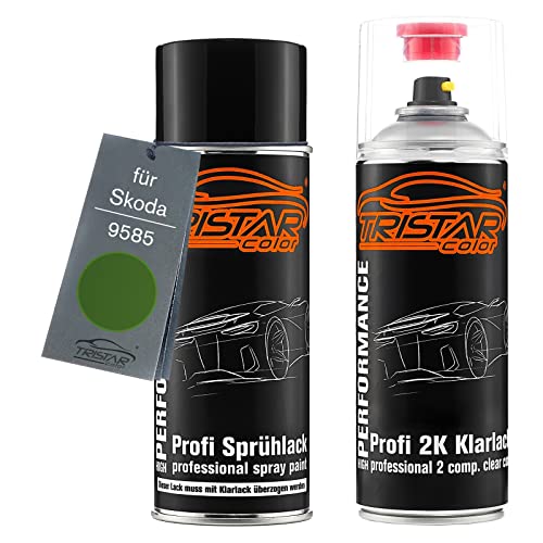 TRISTARcolor Autolack 2K Spraydosen Set für Skoda 9585 Rallye Grün Metallic/Zelena Rallye Metallic Basislack 2 Komponenten Klarlack Sprühdose von TRISTARcolor