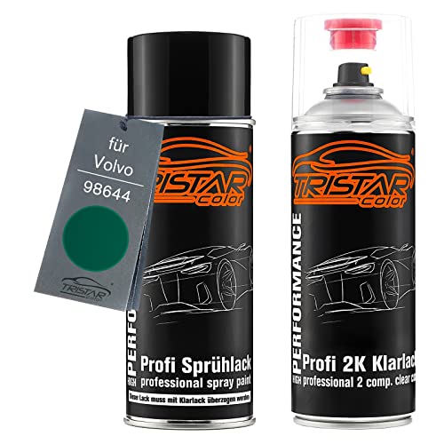 TRISTARcolor Autolack 2K Spraydosen Set für Volvo 98644 Gron 6005 / Moss Green Basislack 2 Komponenten Klarlack Sprühdose von TRISTARcolor