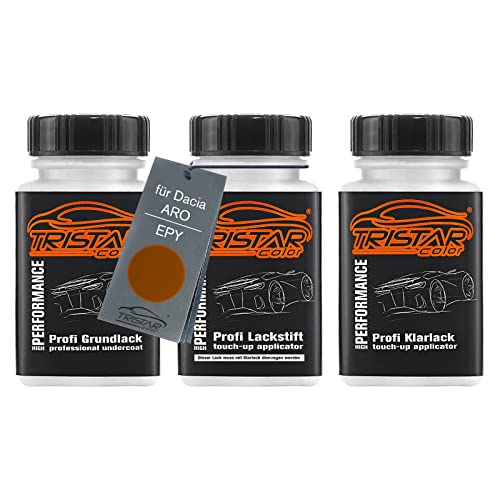 TRISTARcolor Autolack Lackstift Set für Dacia/ARO EPY Orange Atacama Nacre Metallic Grundlack Basislack Klarlack je 50ml von TRISTARcolor