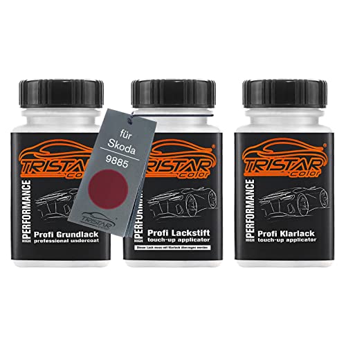 TRISTARcolor Autolack Lackstift Set für Skoda 9885 Hot Chili Red Perl Grundlack Basislack Klarlack je 50ml von TRISTARcolor