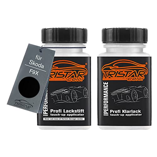 TRISTARcolor Autolack Lackstift Set für Skoda F9X Crystal Black Metallic Basislack Klarlack je 50ml von TRISTARcolor