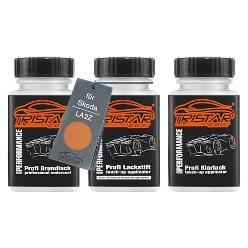 TRISTARcolor Autolack Lackstift Set für Skoda LA2Z Phoenix Orange Metallic Grundlack Basislack Klarlack je 50ml von TRISTARcolor