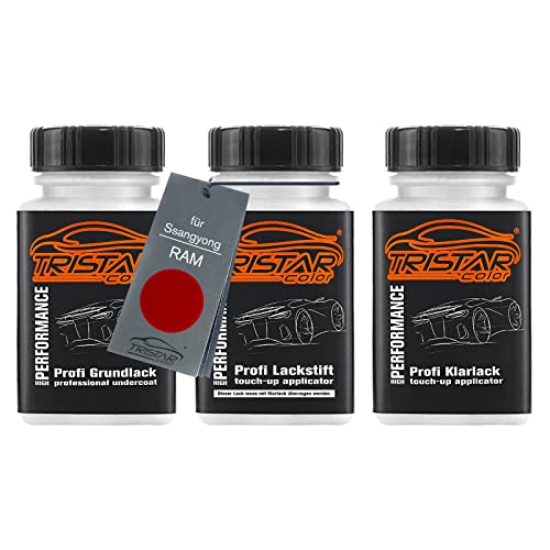 TRISTARcolor Autolack Lackstift Set für Ssangyong RAM Flaming Red Perl Grundlack Basislack Klarlack je 50ml von TRISTARcolor