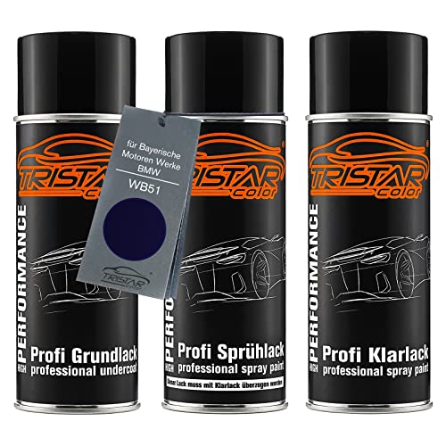 Autolack Spraydosen Set für Bayerische Motoren Werke/BMW WB51 San Marino Blau Metallic Grundlack Basislack Klarlack Sprühdose 400ml von TRISTARcolor