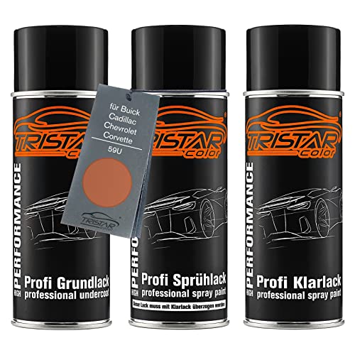 TRISTARcolor Autolack Spraydosen Set für Buick/Cadillac/Chevrolet/Corvette 59U Peach Orange Metallic Grundlack Basislack Klarlack Sprühdose 400ml von TRISTARcolor