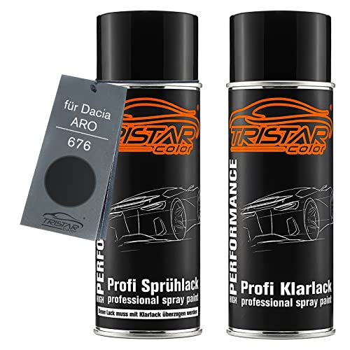 TRISTARcolor Autolack Spraydosen Set für Dacia/ARO 676 Noir Metallic/Perlmutt Schwarz Metallic Basislack Klarlack Sprühdose 400ml von TRISTARcolor