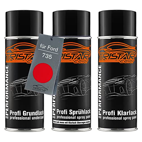 TRISTARcolor Autolack Spraydosen Set für Ford 735 Flame Rot Grundlack Basislack Klarlack Sprühdose 400ml von TRISTARcolor