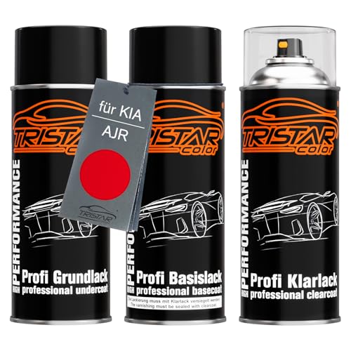 TRISTARcolor Autolack Spraydosen Set für KIA AJR Inferno Red Metallic Grundlack Basislack Klarlack Sprühdose 400ml von TRISTARcolor