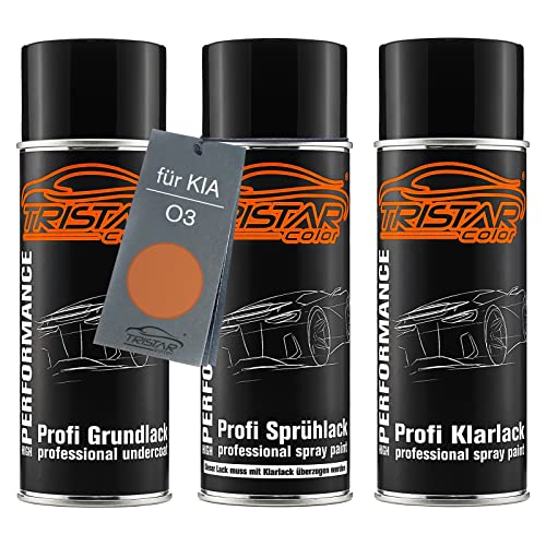 TRISTARcolor Autolack Spraydosen Set für KIA O3 Orange Metallic Grundlack Basislack Klarlack Sprühdose 400ml von TRISTARcolor