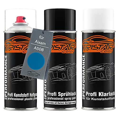TRISTARcolor Autolack Spraydosen Set für Kunststoff Stoßstange für Aixam A508 Bleu Saphir Nacre Metallic Haftgrund Basislack Klarlack mit Weichmacher Sprühdose von TRISTARcolor