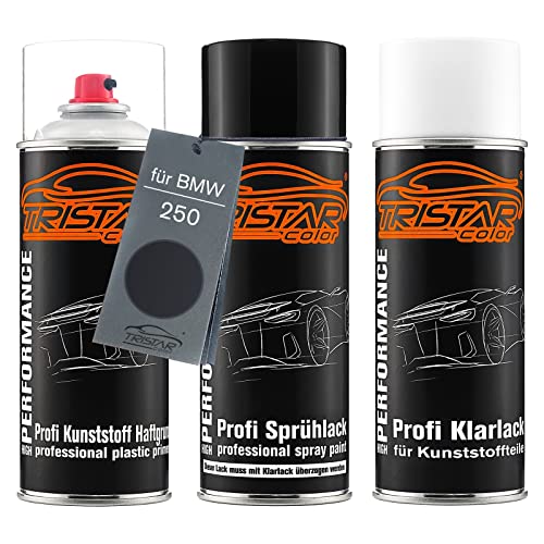 TRISTARcolor Autolack Spraydosen Set für Kunststoff Stoßstange für BMW 250 Macaoblau Metallic Haftgrund Basislack Klarlack mit Weichmacher Sprühdose von TRISTARcolor