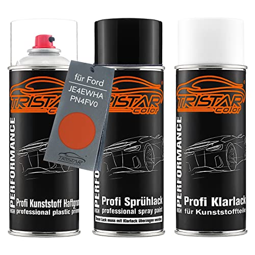 TRISTARcolor Autolack Spraydosen Set für Kunststoff Stoßstange für Ford JE4EWHA / PN4FV0 Orange Glow Perl X. Haftgrund Basislack Klarlack mit Weichmacher Sprühdose von TRISTARcolor