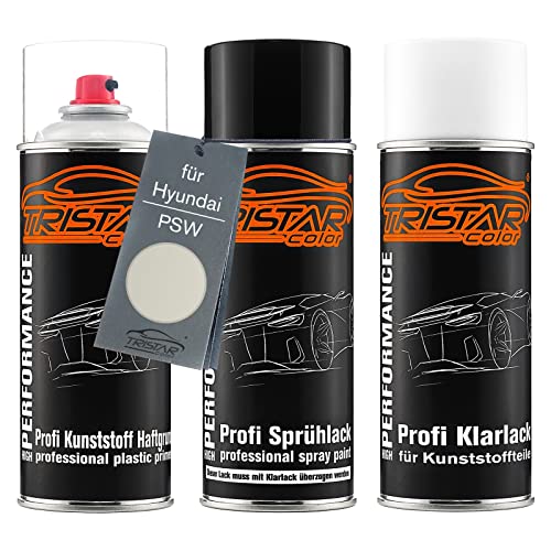 TRISTARcolor Autolack Spraydosen Set für Kunststoff Stoßstange für Hyundai PSW Ceramic White Haftgrund Basislack Klarlack mit Weichmacher Sprühdose von TRISTARcolor