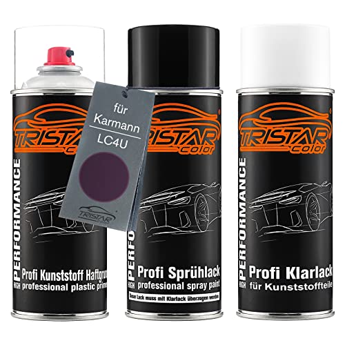 TRISTARcolor Autolack Spraydosen Set für Kunststoff Stoßstange für Karmann LC4U Violett Touch Perl/Violet Touch Perl Haftgrund Basislack Klarlack mit Weichmacher Sprühdose von TRISTARcolor