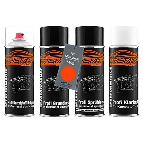 TRISTARcolor Autolack Spraydosen Set für Kunststoff Stoßstange für Mitsubishi M09 Orange Perl Haftgrund Grundlack Basislack Klarlack mit Weichmacher Sprühdose von TRISTARcolor