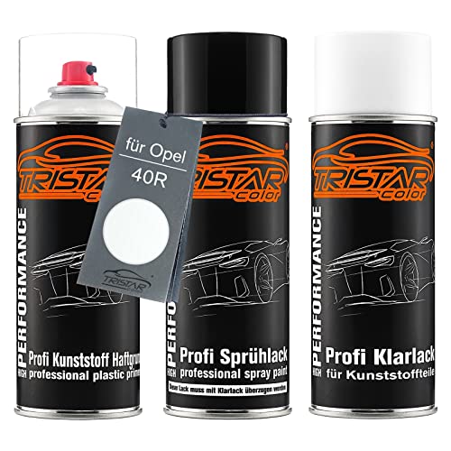 TRISTARcolor Autolack Spraydosen Set für Kunststoff Stoßstange für Opel 40R Schneeweiss/Olympic White Haftgrund Basislack Klarlack mit Weichmacher Sprühdose von TRISTARcolor