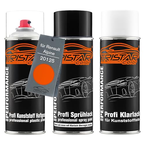 TRISTARcolor Autolack Spraydosen Set für Kunststoff Stoßstange für Renault/Alpine 20125 Oranje Trucks Haftgrund Basislack Klarlack mit Weichmacher Sprühdose von TRISTARcolor