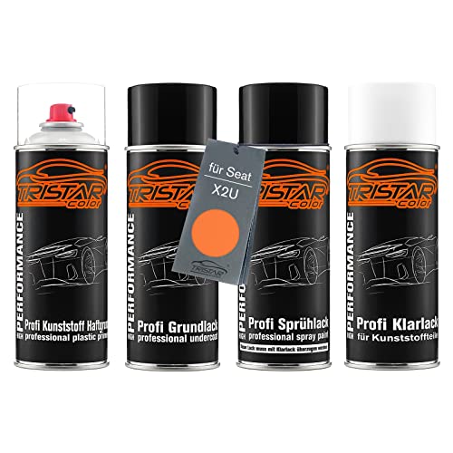 TRISTARcolor Autolack Spraydosen Set für Kunststoff Stoßstange für Seat X2U Samoa Orange Metallic Haftgrund Grundlack Basislack Klarlack mit Weichmacher Sprühdose von TRISTARcolor