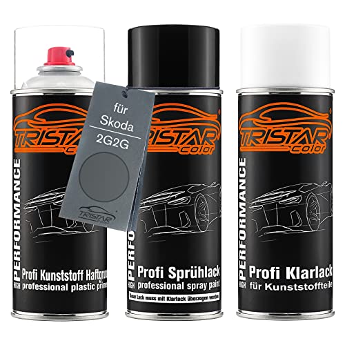 TRISTARcolor Autolack Spraydosen Set für Kunststoff Stoßstange für Skoda 2G2G Steel Grey Metallic/Gris Platine Metallic Haftgrund Basislack Klarlack mit Weichmacher Sprühdose von TRISTARcolor