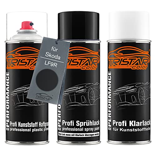 TRISTARcolor Autolack Spraydosen Set für Kunststoff Stoßstange für Skoda LF9R Black Magic Perl/Magic Black Perl Haftgrund Basislack Klarlack mit Weichmacher Sprühdose von TRISTARcolor