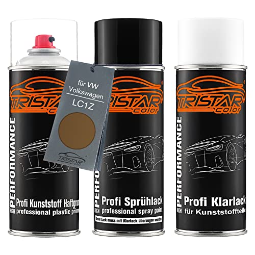 TRISTARcolor Autolack Spraydosen Set für Kunststoff Stoßstange für VW/Volkswagen LC1Z Pyramid Gold Metallic Haftgrund Basislack Klarlack mit Weichmacher Sprühdose von TRISTARcolor