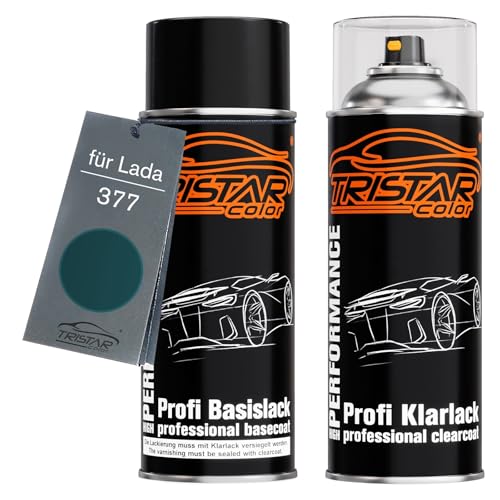 TRISTARcolor Autolack Spraydosen Set für Lada 377 Dark Green/Muraena Basislack Klarlack Sprühdose 400ml von TRISTARcolor