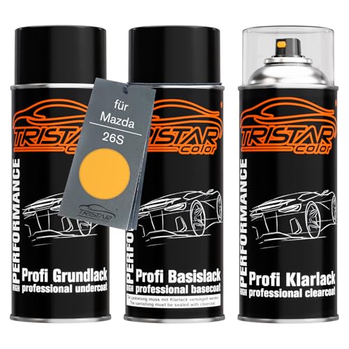 TRISTARcolor Autolack Spraydosen Set für Mazda 26S Blazing Yellow Perl Grundlack Basislack Klarlack Sprühdose 400ml von TRISTARcolor
